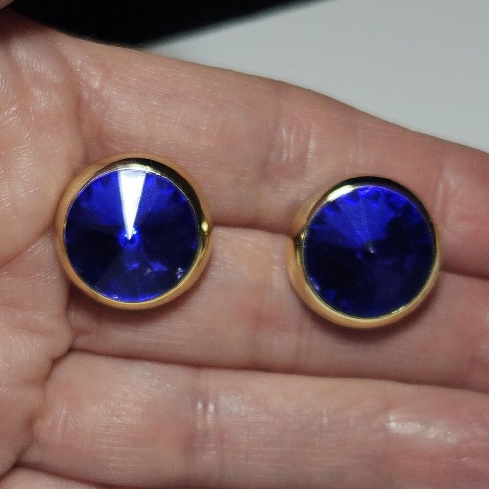 Gold Tone Blue Rhinestone Round Stud Earrings